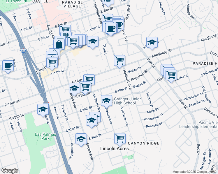 map of restaurants, bars, coffee shops, grocery stores, and more near 2927 East 18th Street in National City