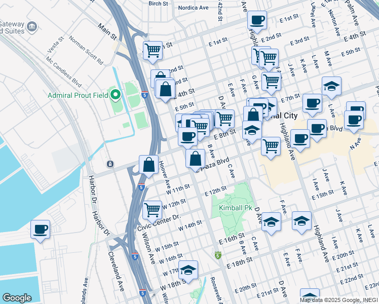 map of restaurants, bars, coffee shops, grocery stores, and more near 29 East 8th Street in National City