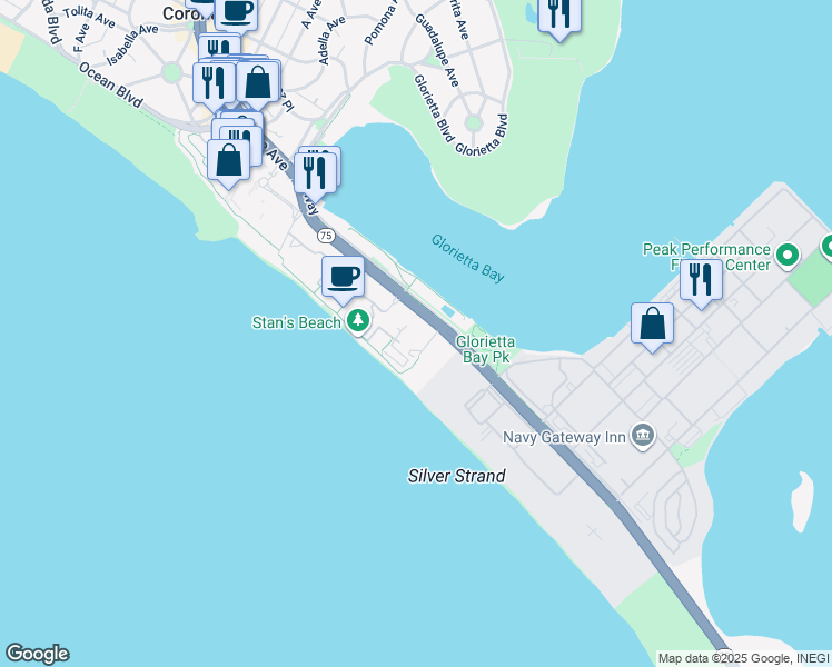 map of restaurants, bars, coffee shops, grocery stores, and more near 1820 Avenida Del Mundo in Coronado