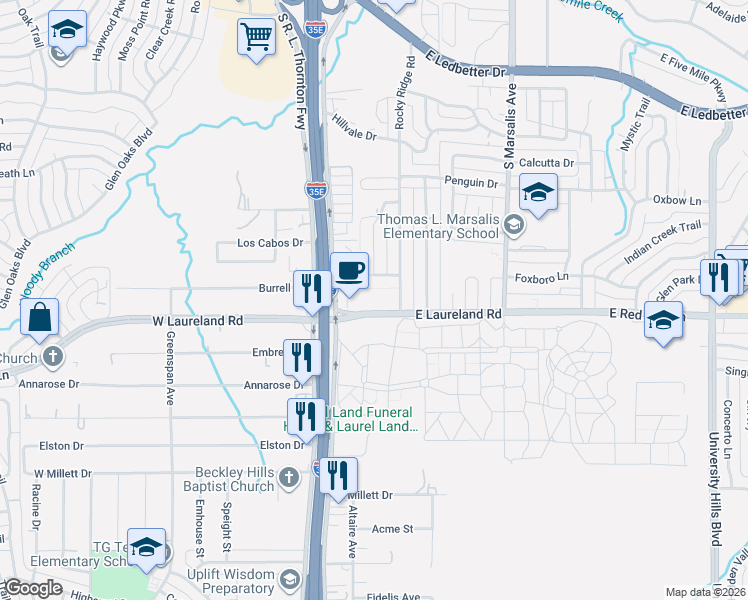 map of restaurants, bars, coffee shops, grocery stores, and more near 226 Woodlark Trail in Dallas