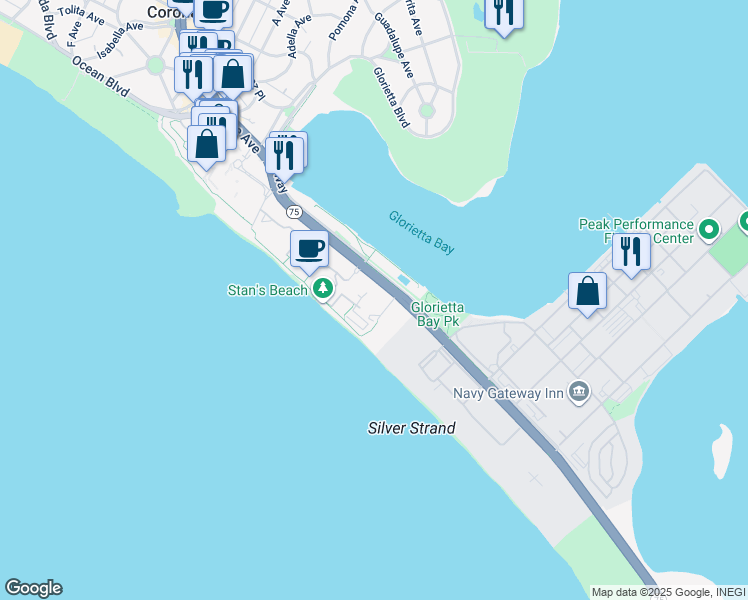 map of restaurants, bars, coffee shops, grocery stores, and more near 1820 Avenida Del Mundo in Coronado