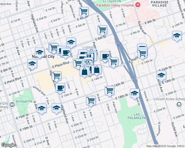 map of restaurants, bars, coffee shops, grocery stores, and more near 1313 N Avenue in National City