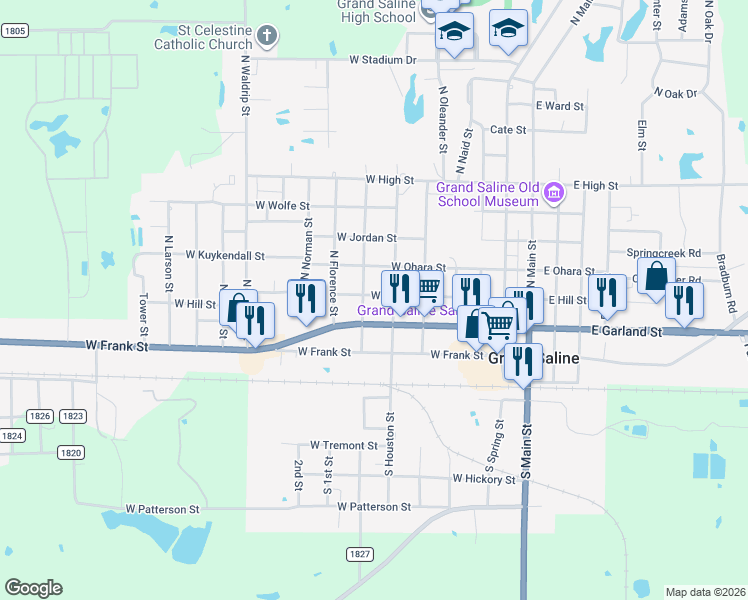 map of restaurants, bars, coffee shops, grocery stores, and more near 400 North Washington Street in Grand Saline