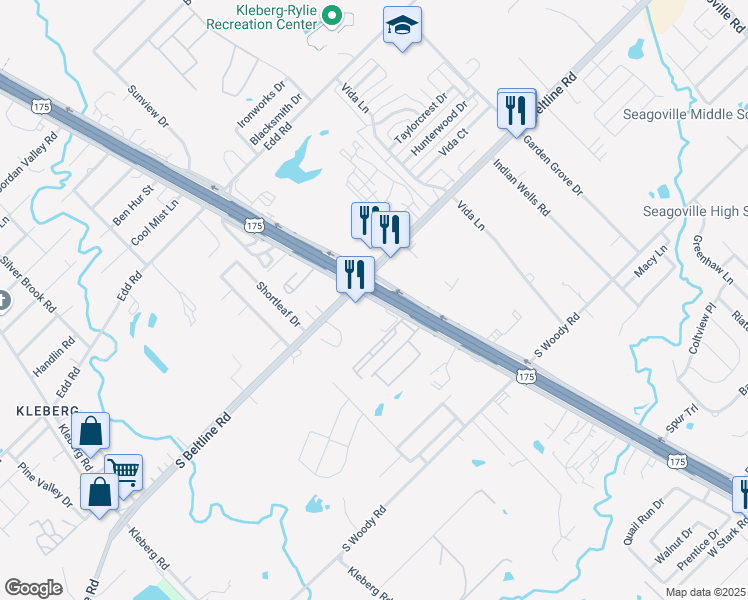 map of restaurants, bars, coffee shops, grocery stores, and more near 13601 U.S. 175 Frontage Road in Dallas