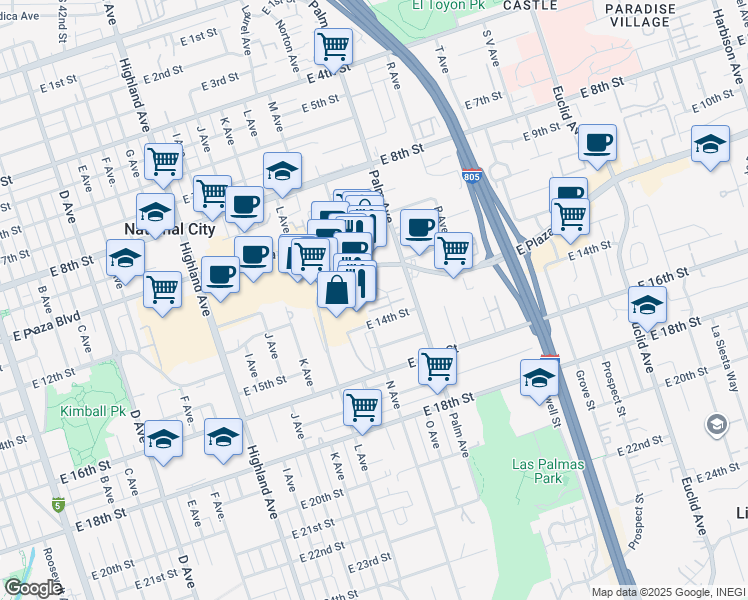 map of restaurants, bars, coffee shops, grocery stores, and more near 1313 N Avenue in National City