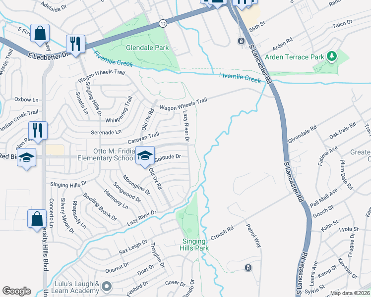 map of restaurants, bars, coffee shops, grocery stores, and more near 5925 Lazy River Drive in Dallas