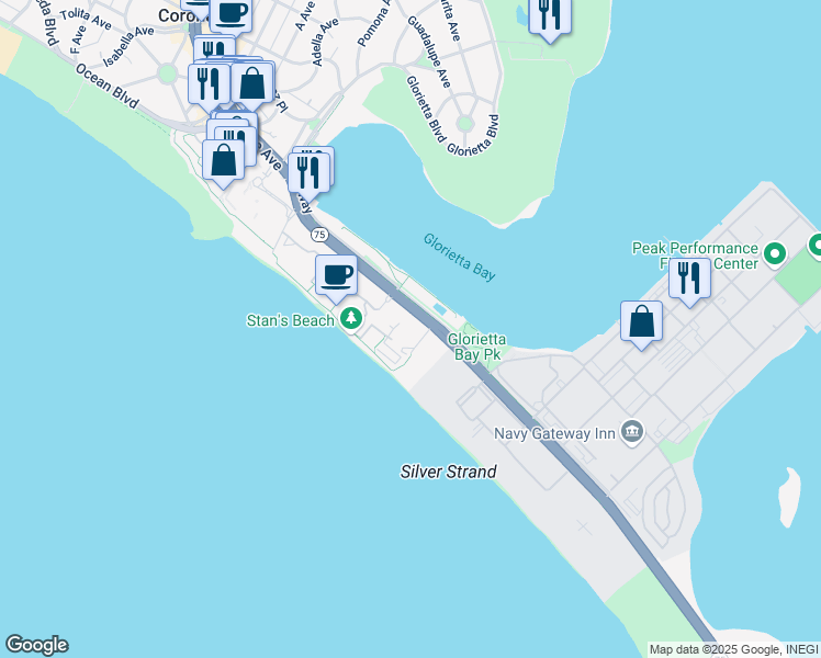 map of restaurants, bars, coffee shops, grocery stores, and more near 1820 Avenida Del Mundo in Coronado