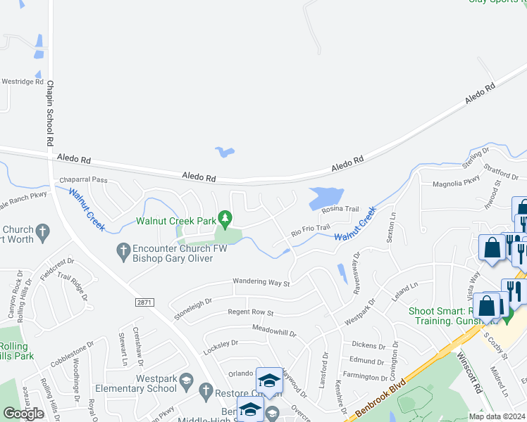 map of restaurants, bars, coffee shops, grocery stores, and more near 9801 Brazoria Trail in Fort Worth