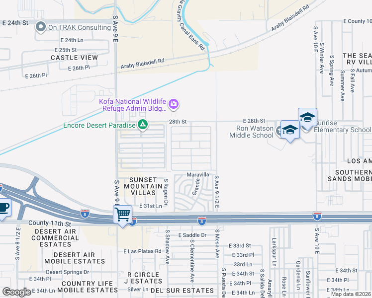 map of restaurants, bars, coffee shops, grocery stores, and more near 9351 28th Street in Yuma