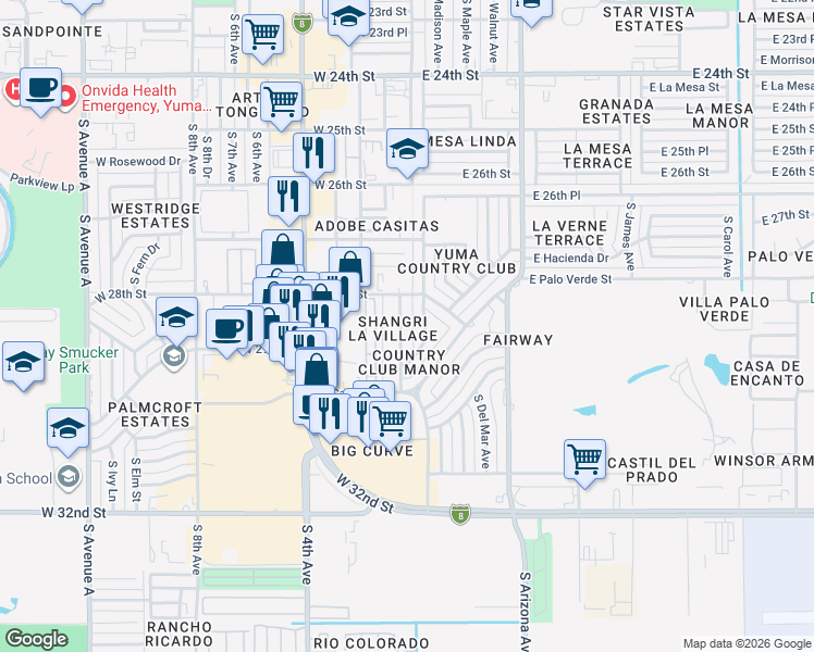 map of restaurants, bars, coffee shops, grocery stores, and more near 2830 South 1st Avenue in Yuma