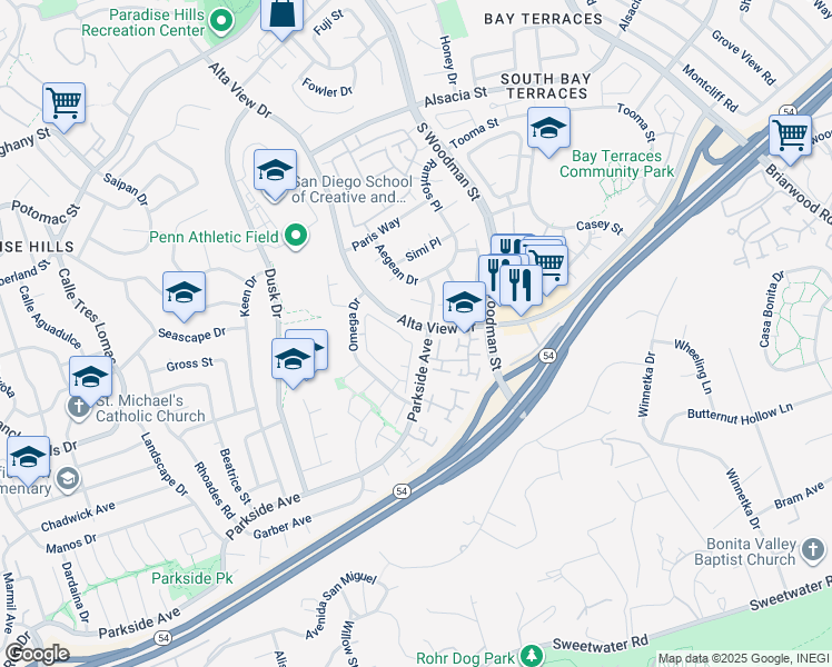 map of restaurants, bars, coffee shops, grocery stores, and more near 2722 Alta View Drive in San Diego