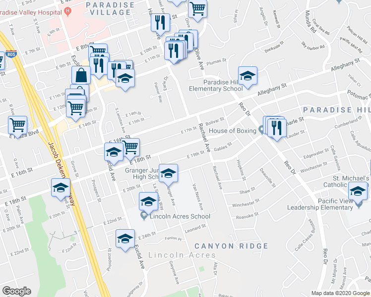 map of restaurants, bars, coffee shops, grocery stores, and more near 3040 East 18th Street in National City