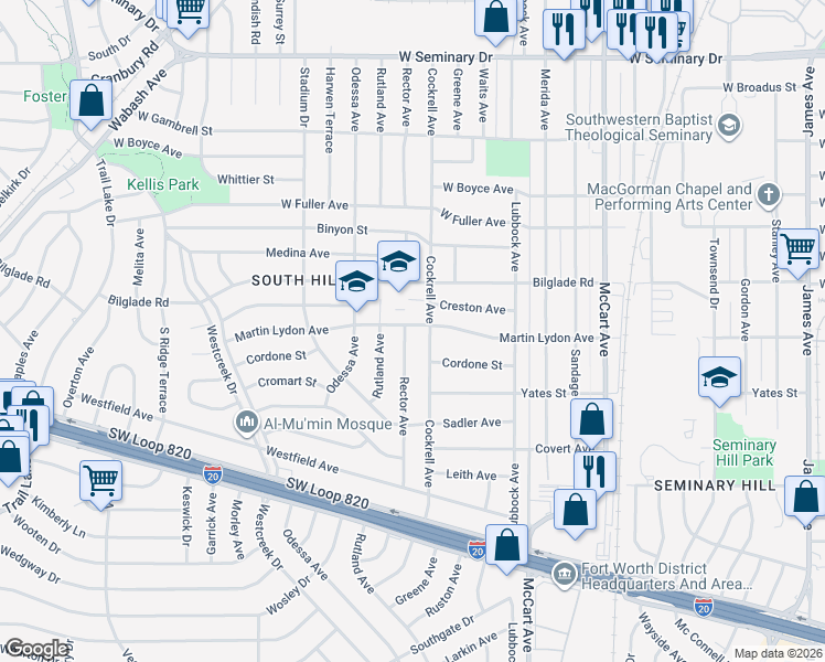 map of restaurants, bars, coffee shops, grocery stores, and more near 3000 Martin Lydon Avenue in Fort Worth
