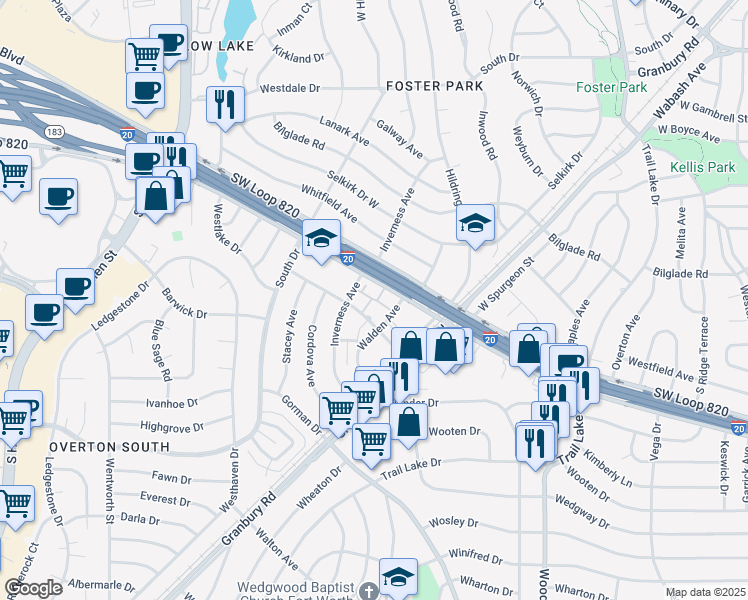 map of restaurants, bars, coffee shops, grocery stores, and more near 4121 Southwest Loop 820 in Fort Worth