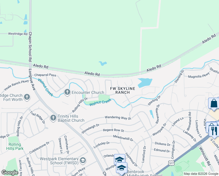 map of restaurants, bars, coffee shops, grocery stores, and more near 5237 Buffalo Gap Trail in Fort Worth