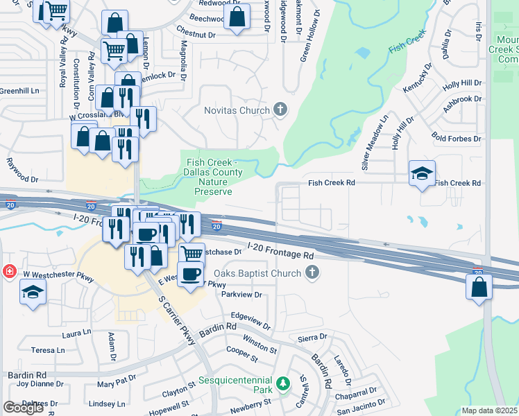map of restaurants, bars, coffee shops, grocery stores, and more near 3950 Dechman Drive in Grand Prairie