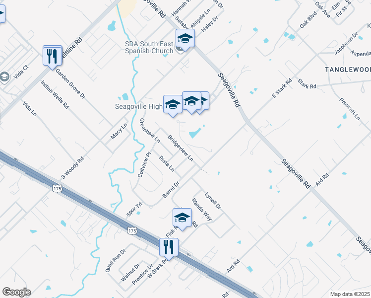 map of restaurants, bars, coffee shops, grocery stores, and more near 14307 Bridgeview Lane in Dallas