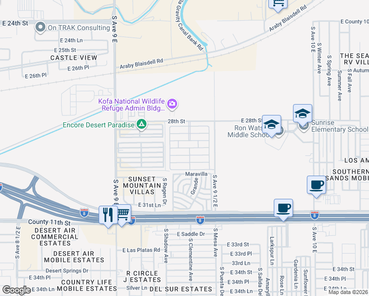 map of restaurants, bars, coffee shops, grocery stores, and more near 9351 28th Street in Yuma