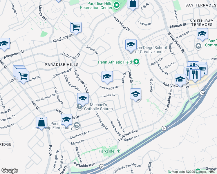 map of restaurants, bars, coffee shops, grocery stores, and more near 6442 Seascape Drive in San Diego