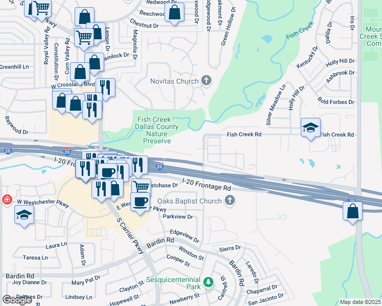 map of restaurants, bars, coffee shops, grocery stores, and more near 3951 Dechman Drive in Grand Prairie