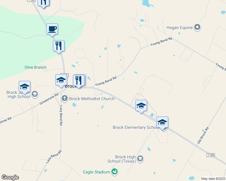 map of restaurants, bars, coffee shops, grocery stores, and more near 2451 Farm to Market Road 1189 in Brock
