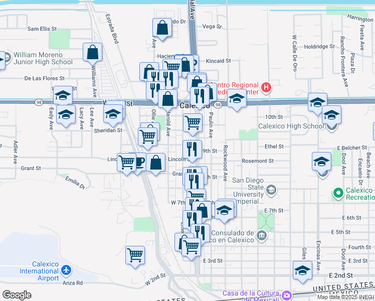 map of restaurants, bars, coffee shops, grocery stores, and more near 839-899 Emerson Avenue in Calexico