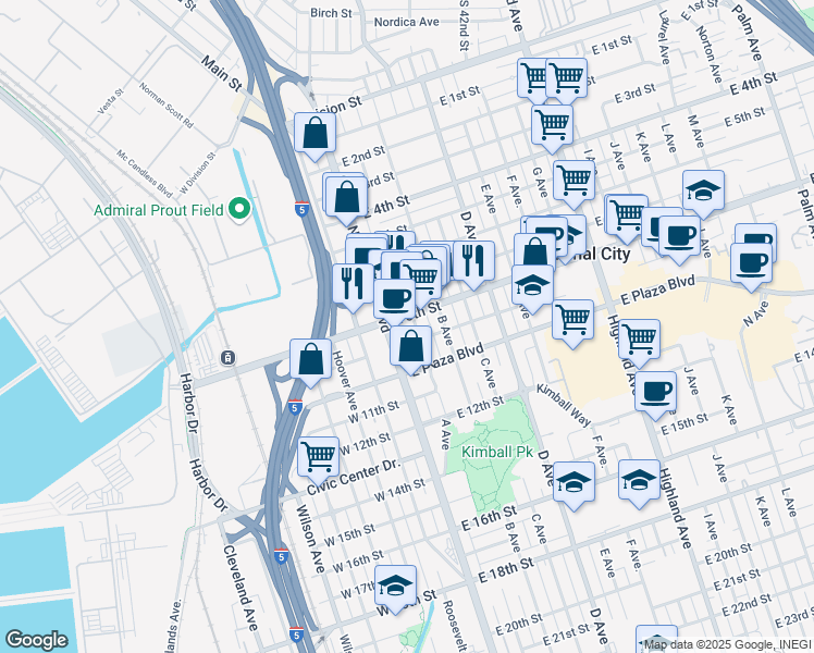 map of restaurants, bars, coffee shops, grocery stores, and more near 22 East 8th Street in National City