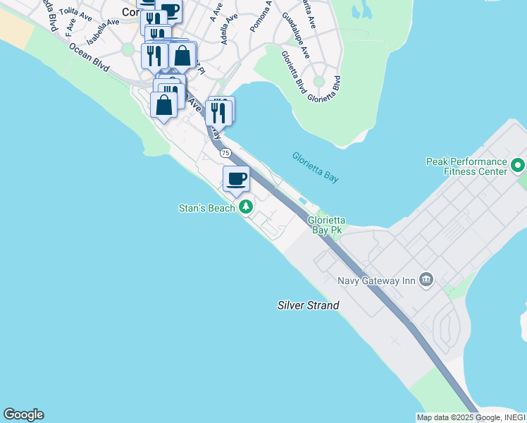 map of restaurants, bars, coffee shops, grocery stores, and more near 1810 Avenida Del Mundo in Coronado