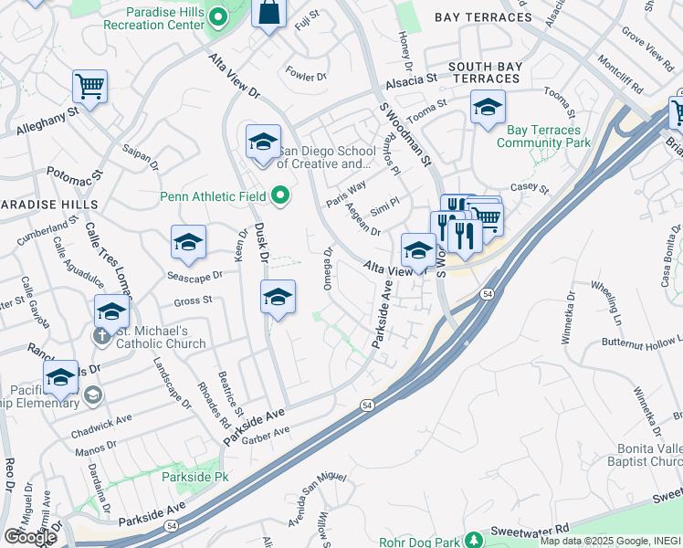 map of restaurants, bars, coffee shops, grocery stores, and more near 6646 Pinecone Lane in San Diego