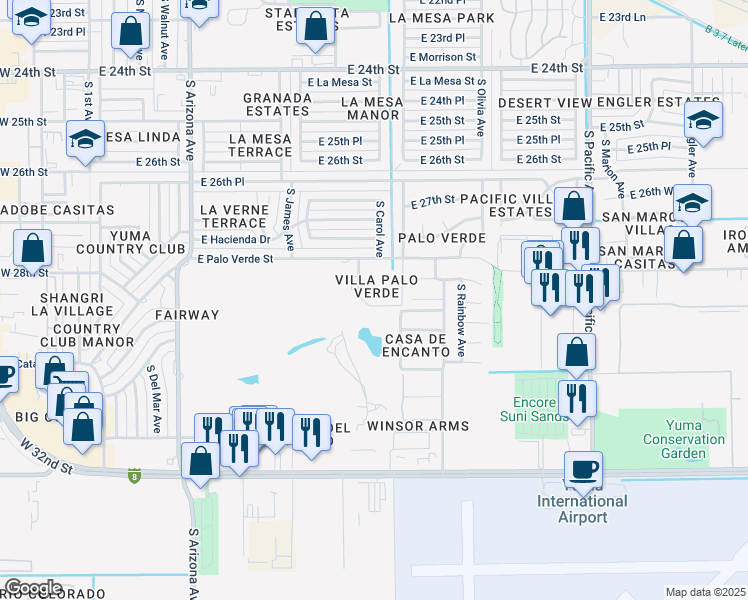 map of restaurants, bars, coffee shops, grocery stores, and more near 2950 South Mary Avenue in Yuma