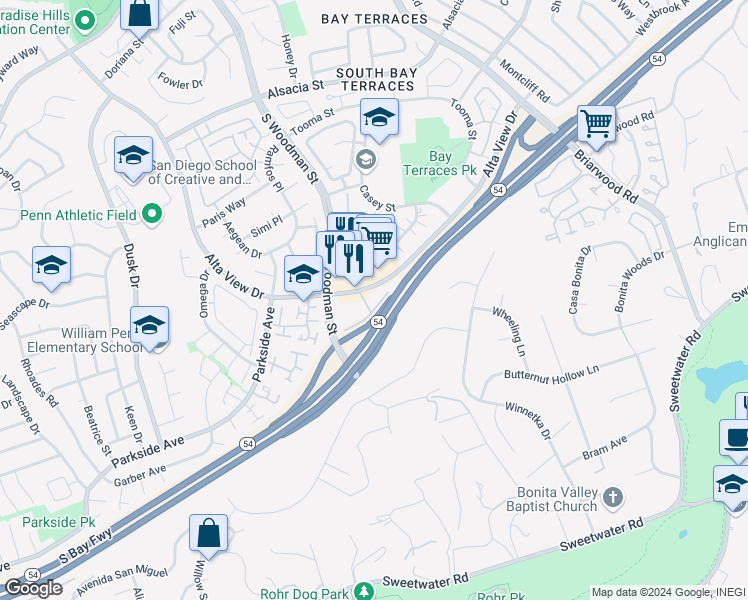 map of restaurants, bars, coffee shops, grocery stores, and more near 3040 D Alta View Drive in San Diego