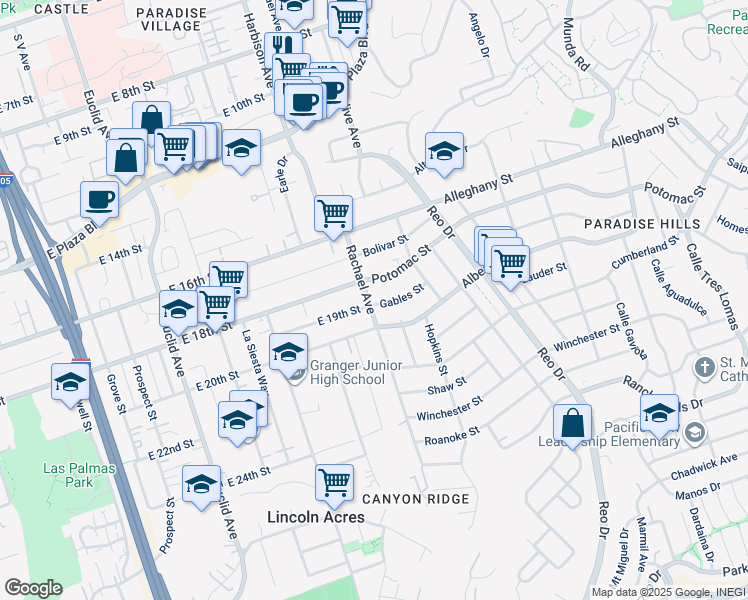 map of restaurants, bars, coffee shops, grocery stores, and more near 5501 Potomac Street in San Diego