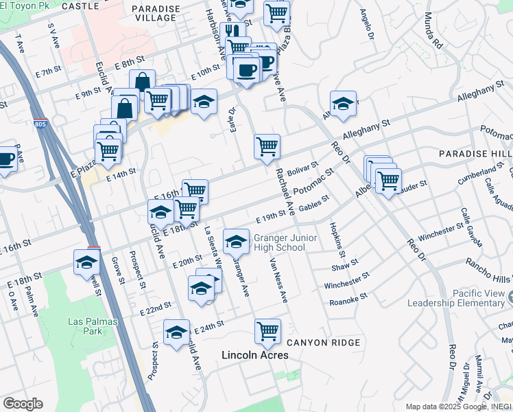 map of restaurants, bars, coffee shops, grocery stores, and more near 3040 East 18th Street in National City