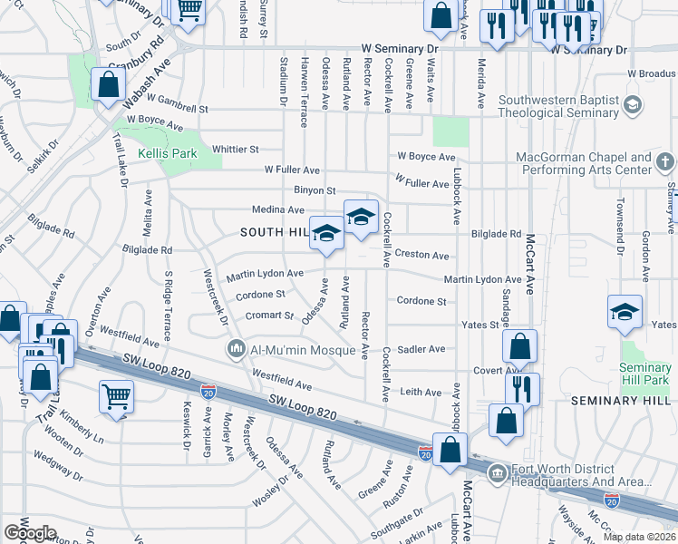 map of restaurants, bars, coffee shops, grocery stores, and more near 3101 Bilglade Road in Fort Worth