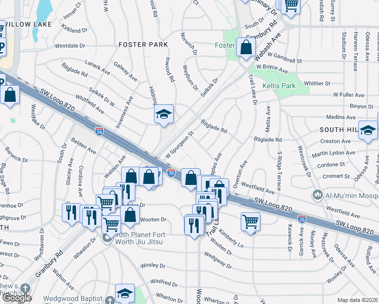 map of restaurants, bars, coffee shops, grocery stores, and more near 3824 Cornish Avenue in Fort Worth