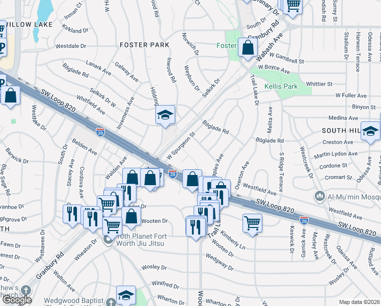 map of restaurants, bars, coffee shops, grocery stores, and more near 3824 Cornish Avenue in Fort Worth