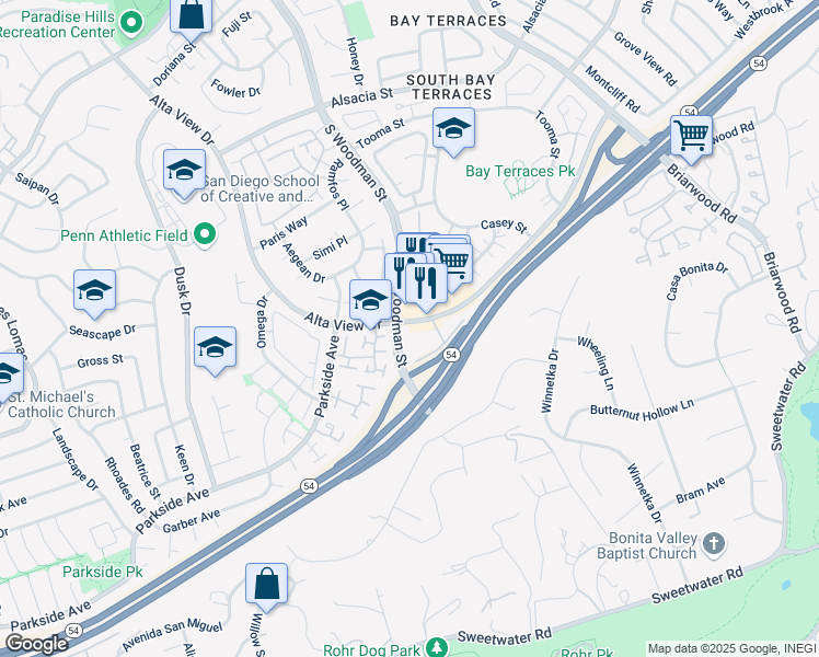 map of restaurants, bars, coffee shops, grocery stores, and more near 2930 Alta View Drive in San Diego