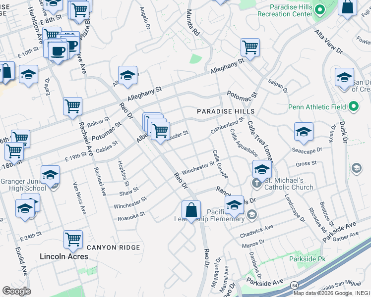 map of restaurants, bars, coffee shops, grocery stores, and more near 5937-39 Cumberland Street in San Diego