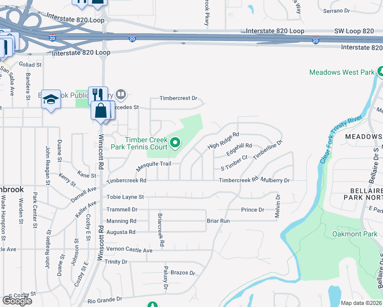 map of restaurants, bars, coffee shops, grocery stores, and more near 1440 Timberline Drive in Benbrook