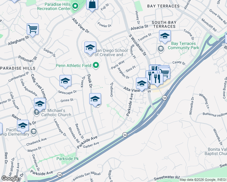 map of restaurants, bars, coffee shops, grocery stores, and more near 2754 Alta View Drive in San Diego