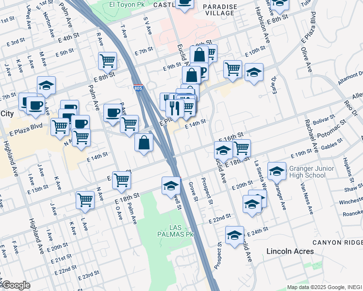 map of restaurants, bars, coffee shops, grocery stores, and more near 2 National City Boulevard in San Diego