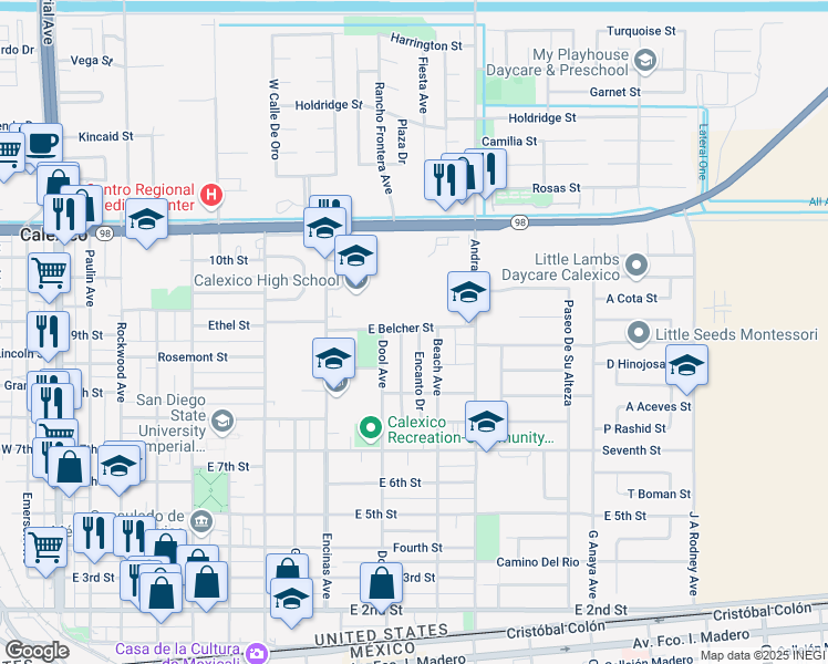 map of restaurants, bars, coffee shops, grocery stores, and more near 843 E. Belcher Street in Calexico