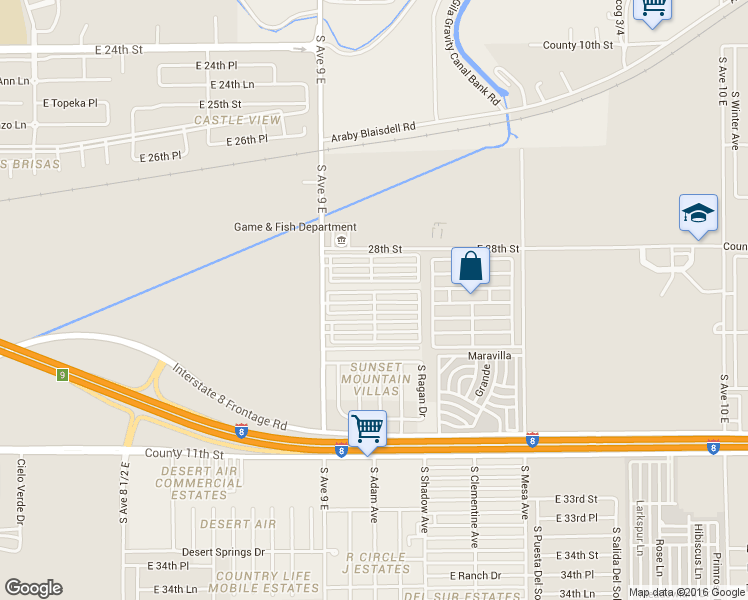 map of restaurants, bars, coffee shops, grocery stores, and more near 10657 South Avenue 9 East in Yuma