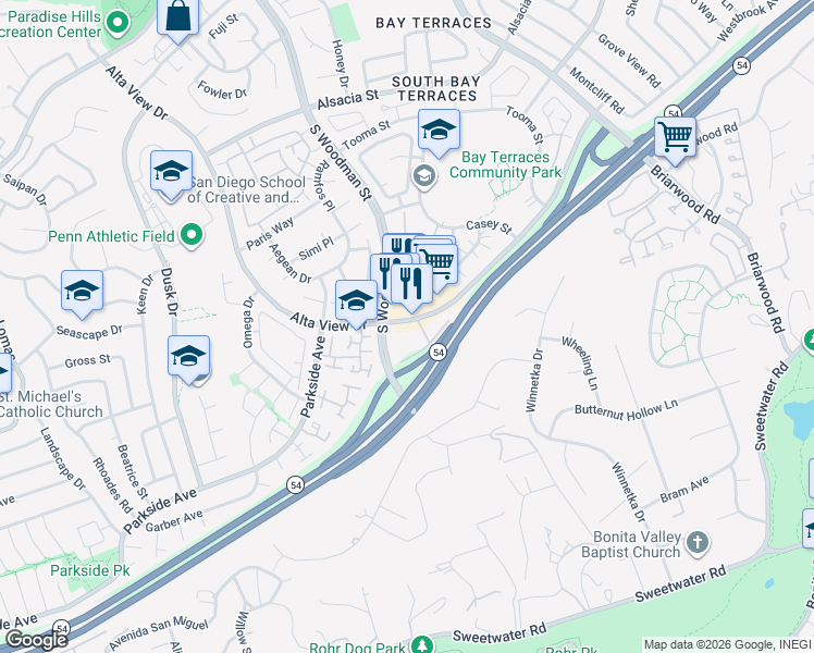 map of restaurants, bars, coffee shops, grocery stores, and more near 2910 Alta View Drive in San Diego