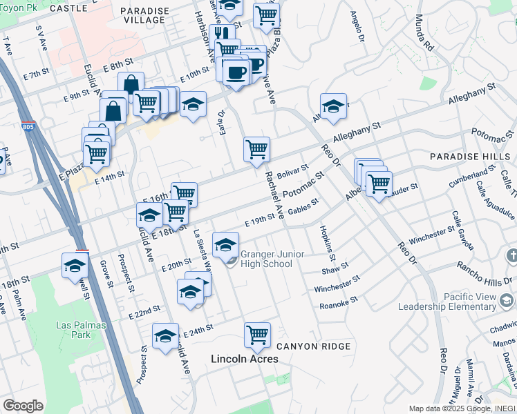 map of restaurants, bars, coffee shops, grocery stores, and more near 3040 East 18th Street in National City