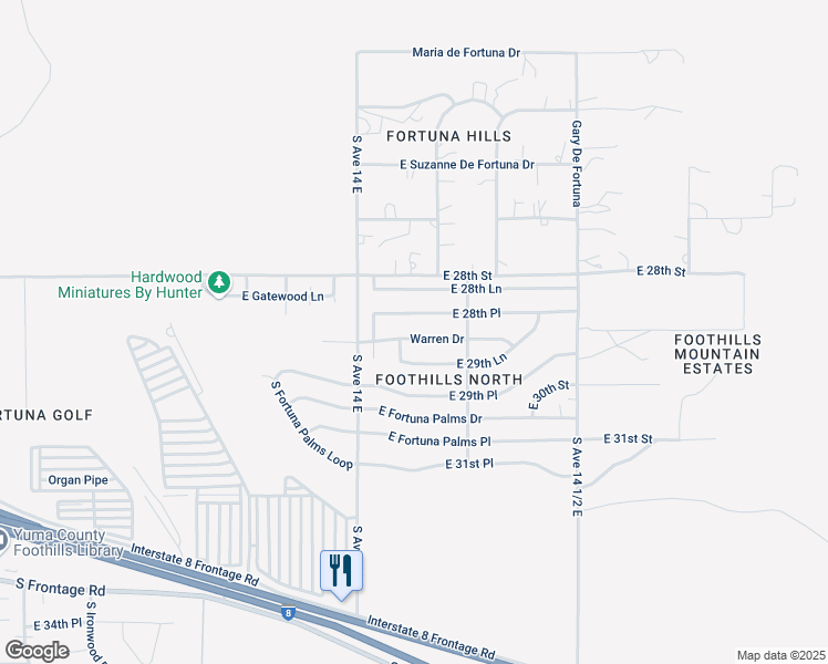 map of restaurants, bars, coffee shops, grocery stores, and more near 14276 Warren Drive in Yuma