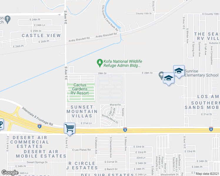 map of restaurants, bars, coffee shops, grocery stores, and more near 9351 28th Street in Yuma