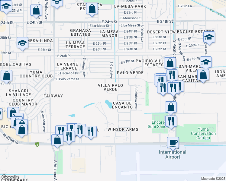 map of restaurants, bars, coffee shops, grocery stores, and more near 2950 South Mary Avenue in Yuma