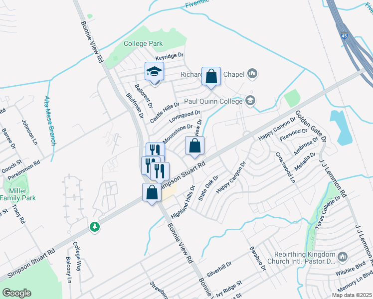 map of restaurants, bars, coffee shops, grocery stores, and more near 3716 Barnabus Drive in Dallas
