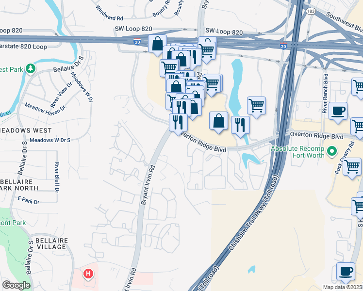 map of restaurants, bars, coffee shops, grocery stores, and more near 5851 Overton Ridge Boulevard in Fort Worth